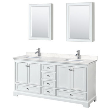 72" Double Vanity White, Light-Vein Carrara Cultured Marble Top, Sinks, Cabinets
