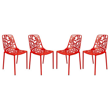 LeisureMod Devon Modern Indoor Outdoor Aluminum Dining Chair in Red Set of 4