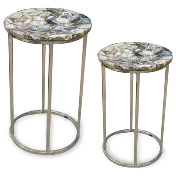 Set of 2 Nesting End Table, Round Design With Satin Nickel Frame & Agate Top