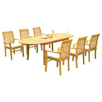 Teak Deals - 7-Piece Outdoor Teak Dining Set: 94" Masc Oval Table, 6 Mas Stacking Arm Chairs - Set includes: 94" Double Extension Oval Dining Table and 6 Stacking Arm Chairs.