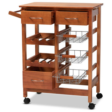 Modern Contemporary Oak Brown Finished Wood Metal Mobile Kitchen Storage Cart