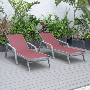LeisureMod Marlin Patio Chaise Lounge Chair Gray Arms Set of 2, Burgundy