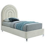 Meridian Furniture - Rainbow Velvet Upholstered Bed, Cream, Twin - There's a lot to fall in love with when it comes to this Rainbow twin-size velvet bed. This stunning bed is fit for an MVP with its rich cream velvet upholstery covering the headboard, side rails and foot board. This bed rests on thick white acrylic legs for added support and features deep channeled tufting on the headboard for a textural look that's dramatic and elegant all at once.