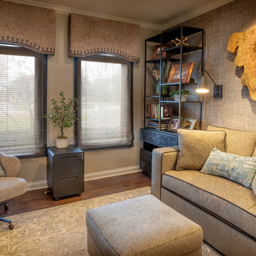 Custom Cornices with Nailheads and Natural Woven Cordless Shades