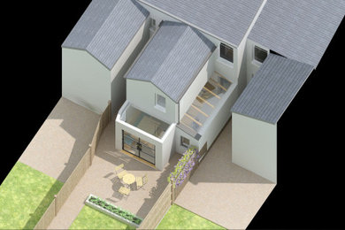 ケントにある低価格の小さなコンテンポラリースタイルのおしゃれな家の外観 (レンガサイディング、デュープレックス、混合材屋根) の写真