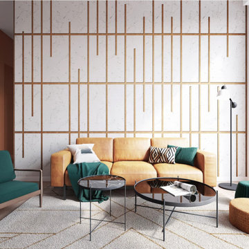 Canapé jaune, papier peint et tapis graphique, fauteuil vert, table basse