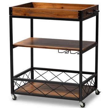 Bowery Hill Oak Brown and Black Finished Mobile Metal Bar Cart