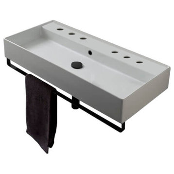 Wall Mounted Double Ceramic Sink With Matte Black Towel Bar, Six Hole