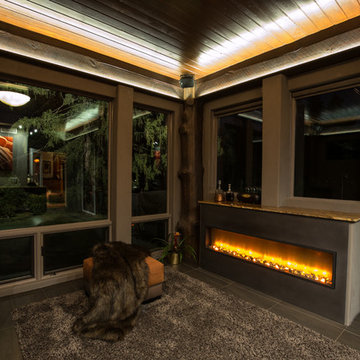 Modern Rustic Lounge Remodel | Gray-Stained Maple Cabinetry & Linear Fireplace