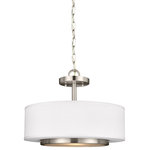 Generation Lighting Collection - Nance 2-Light Semi-Flush Convertible Pendant, Brushed Nickel - The mid-century inspired Nance lighting collection by Sea Gull Lighting is a versatile transitional design which fits in a wide array of traditional or contemporary settings. The tapered, off-white, faux silk shades add warmth and sophistication. The large pendant and semi-flush faux silk drum shades are complemented nicely with Satin Etched Opal glass diffusers to soften the downlight. In either of the available Brushed Nickel or Heirloom Bronze finishes, all the Nance fixtures are timeless additions to any foyer, kitchen or dining area. The assortment includes three- five- and nine-light chandeliers; a one-light wall sconce; two- and three-light bath vanities and a two-light semi-flush convertible drum pendant. Incandescent and ENERGY STAR-qualified LED lamping are available; all fixtures are California Title 24 compliant.