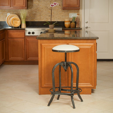 Contemporary Kitchen Featuring Industrial Adjustable Stool