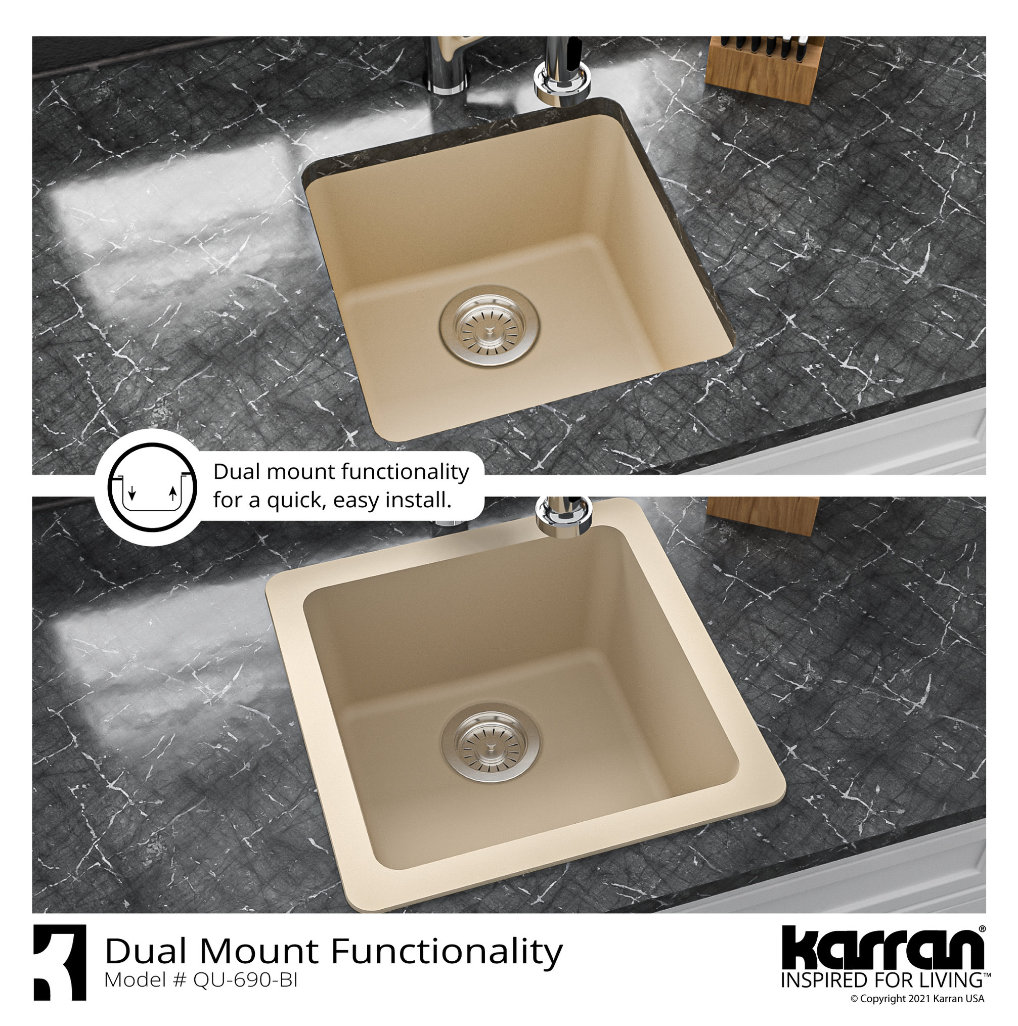 Karran Undermount Quartz Composite 17" Bar Single Bowl Sink, Bisque