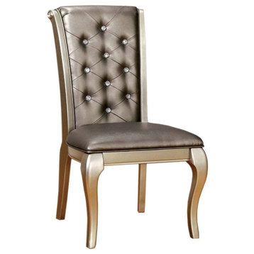 Leatherette Buttoned Side Chair With Cabriole Legs, Set Of 2, Gray And Gold