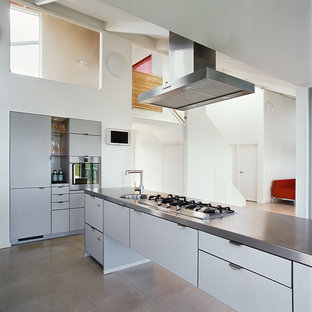 Contemporary kitchen pantry designs - Example of a trendy l-shaped concrete floor kitchen pantry design in Wellington with a single-bowl sink, gray cabinets, stainless steel countertops, stainless steel appliances and an island