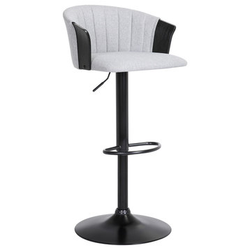 Lydia Adjustable Black Wood Bar Stool in Gray Faux Leather with Black Metal, Light Gray