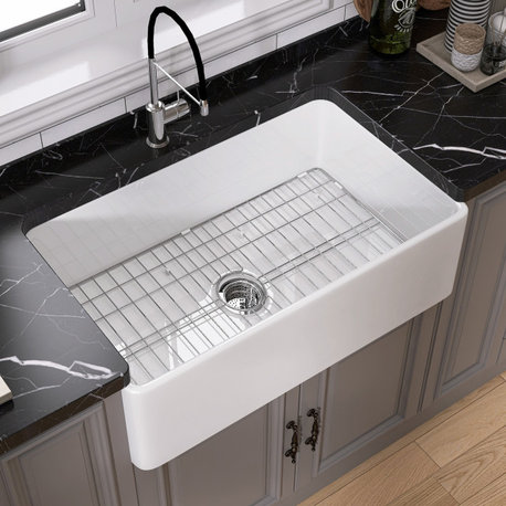 33"L x 20"W  White Single Bowl Fireclay Farmhouse Kitchen Sink With Accessories