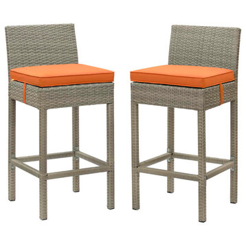Contemporary Outdoor Patio Bar Stool Chair, Set of Two, Fabric Rattan, Orange