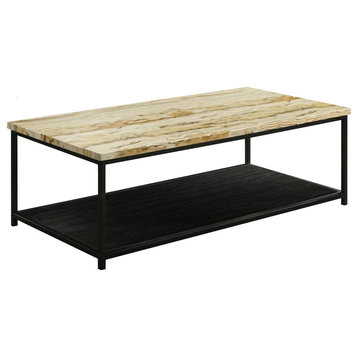 Contemporary Coffee Table, Black Lower Shelf, Rectangle Top, Yellow Faux Marble