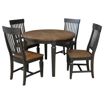 44 in Round Wood Dining Table with 4 Slatback  Chairs in Hickory/Washed Coal