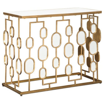 Contemporary End Table, Golden Metal Frame With Geometric Accents & Mirrored Top