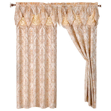 Set of 2 Penelope Curtain Panels With Attached Austrian Valance, 84" Long, Beige