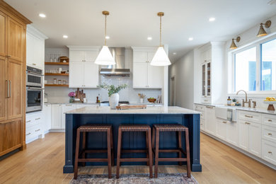 Inspiration for a large transitional u-shaped light wood floor and beige floor kitchen pantry remodel in Other with a farmhouse sink, shaker cabinets, quartz countertops, white backsplash, cement tile backsplash, paneled appliances, an island and white countertops
