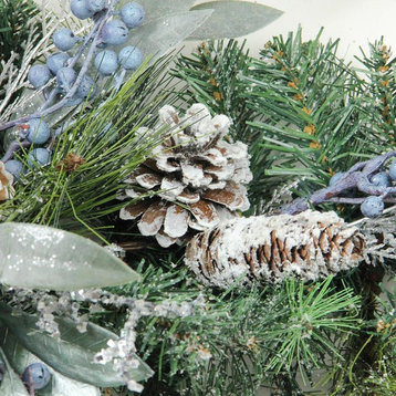 28" Mixed Pine/Blueberries/Snowy Pine Cones Artificial Christmas Teardrop Swag