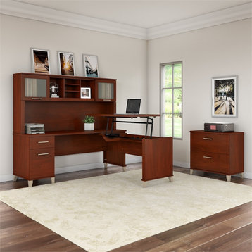 Scranton & Co Furniture Somerset Sit Stand L Desk with Hutch & Cabinet in Cherry
