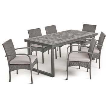 GDF Studio Cooper Outdoor 6-Seater Acacia Wood Dining Set With Wicker Chairs, Sa