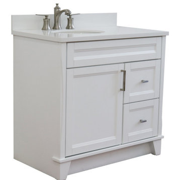 37" Single Sink Vanity, White Finish With White Quartz And Left Door/Left Sink
