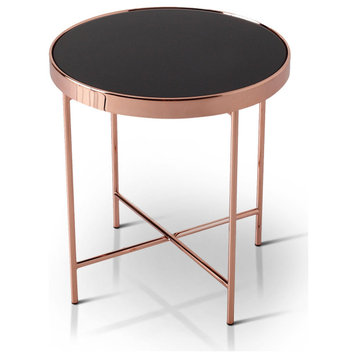 Contemporary End Table, Crossed Metal Base With Round Glass Top, Rose Gold/Black