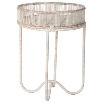 Flared Rattan Aman Side Table, Tray End Table, White-Wash