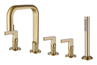 Brush Gold Deck Mounted Three Handle Roman Tub Faucet With Handheld Shower
