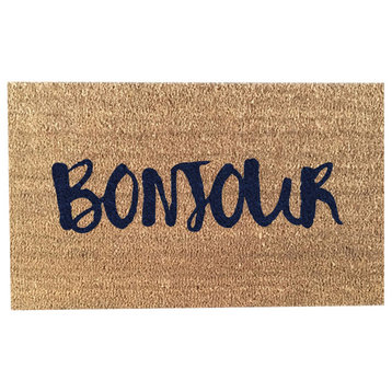 Hand Painted "Bonjour" Welcome Mat, Midnight Navy Blue