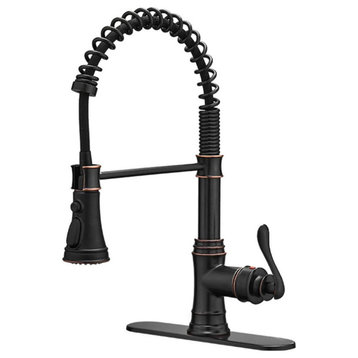 Wellfor Single Handle Single Lever Pull Down Sprayer Spring Kitchen Sink Faucet, Oil Rubbed Bronze