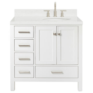 Ariel Cambridge 36" Right Offset Single Oval Sink Vanity, Carrara Quartz, White