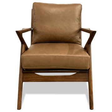 Nativa Interiors Biscayne Mid-Century Modern Geniune Leather Chair, Caramel