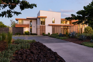 Diseño de fachada de casa moderna con revestimientos combinados y tejado plano