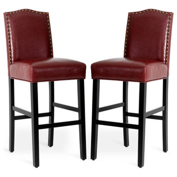 Upholstered PU Bar Chair With Studded Decor, Set of 2, Red