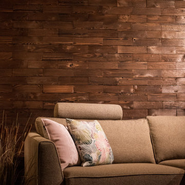 Wood panel wall in a contemporary living room | RAUMHOLZ Walldesign