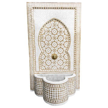 Outdoor White and Tan Mosaic Wall Fountain