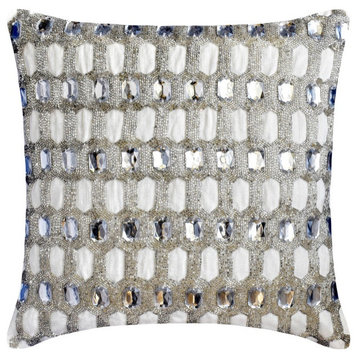 White Silver Silk Crystals, Beaded Embroidery 16"x16" Pillow Cover - Kohinoor