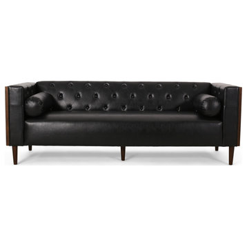 Lance Tufted Deep Seated Sofa With Accent Pillows, Midnight Black/Espresso