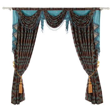 Luxurious Window Curtain, Blue Dance, 100"x96", 2 Panels With Valance