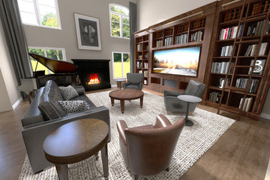 Inspiration for a large timeless enclosed medium tone wood floor family room library remodel in Detroit with beige walls, a standard fireplace, a stone fireplace and a media wall