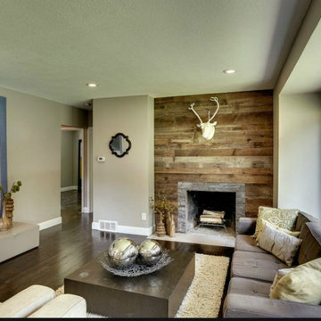 Weathered Antique Paneling Fireplace Accent Wall in a Modern Living Room