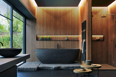 Bathroom - large contemporary master brown tile porcelain tile, black floor, single-sink, tray ceiling and shiplap wall bathroom idea in Los Angeles with shaker cabinets, black cabinets, white walls, an undermount sink, granite countertops, a hinged shower door, gray countertops, a niche and a freestanding vanity