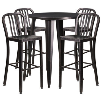 30'' Round Black-Antique Gold Metal Indoor-Outdoor Bar Table-4 Barstools