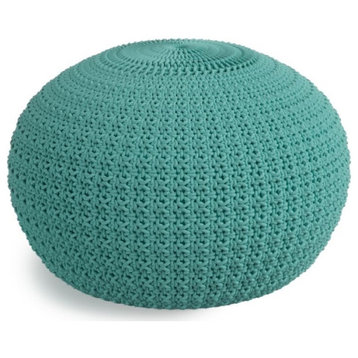 Pemberly Row Traditional Boho Round Fabric Knitted Pouf in Aqua Blue