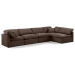 Meridian Furniture - Indulge Upholstered Modular L-Shaped Sectional, Brown, 5-Piece: 3 Armless Chair, 2 Corner Chair, Down Stuffed Velvet - Experience ultimate comfort and style with our brown velvet Indulge Sectional. The luxurious velvet will elevate the aesthetic of any room. This sofa provides ample space for you to relax while its modular build offers the option of unlimited configurations. Whether you're looking to add a stylish element to your living room or a comfortable seating option to your bedroom, this sofa is the perfect choice.